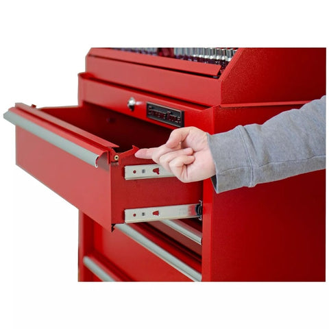 Person Demonstrating The Opening Mechanism Of Extreme Tools Roller Cabinet Workbench Drawer Highlighting The Drawers Locking And Sliding Features