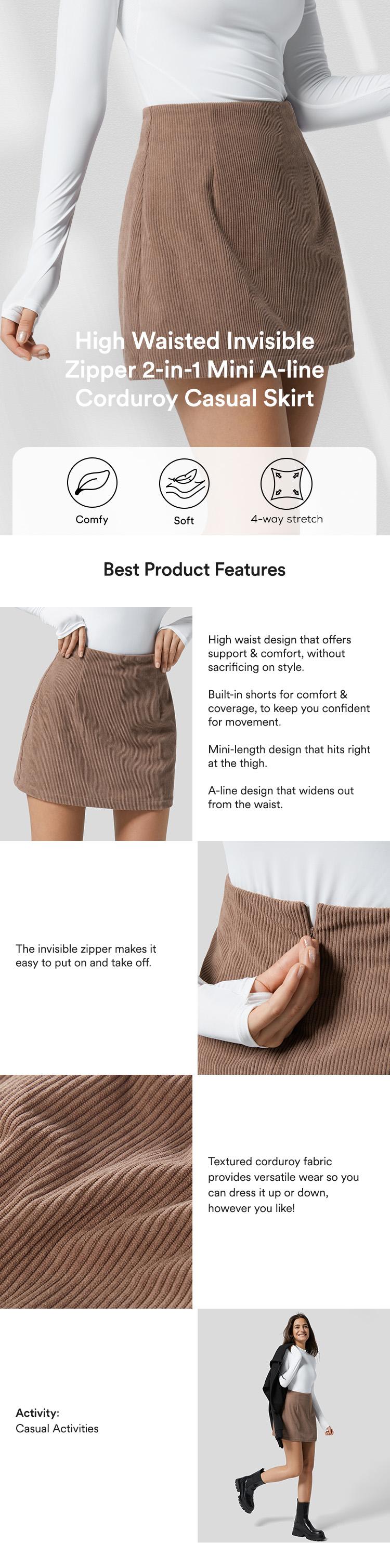 Halara High Waisted Invisible Zipper 2-in-1 Mini A-line Corduroy Casual Skirt