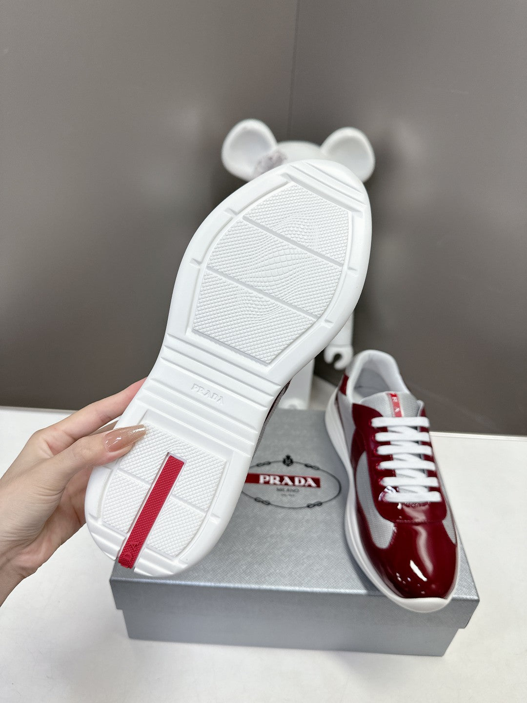 PRADA SNEAKERS IN BURDUNDY RED CALFSKIN AND MESH、mysite、Cacoeks