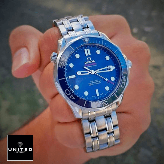 Omega Seamaster 300m Co Axial Steel Blue Dial Replica on the hand