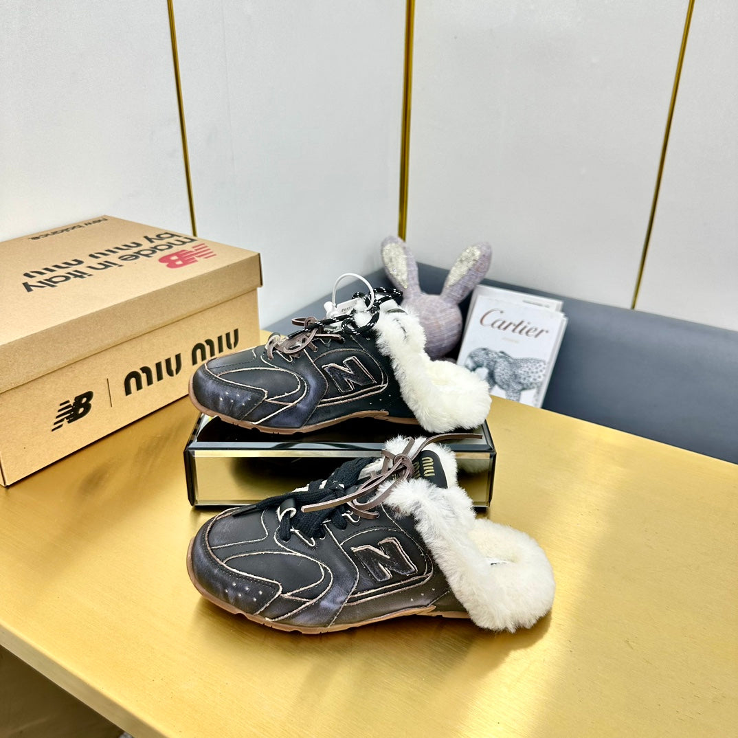 MIUxNB 530 SNEAKER MULES IN BLACK CALFSKIN SHEARLING、mysite、Cacoeks