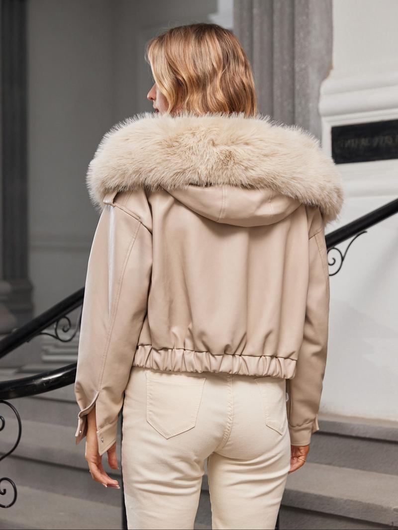 Women's Contrast Faux Fur Trim Hooded Jacket, Casual Long Sleeve Zipper Button Front Pocket Outerwear for Fall & Winter, Women's Clothing for Daily Wear