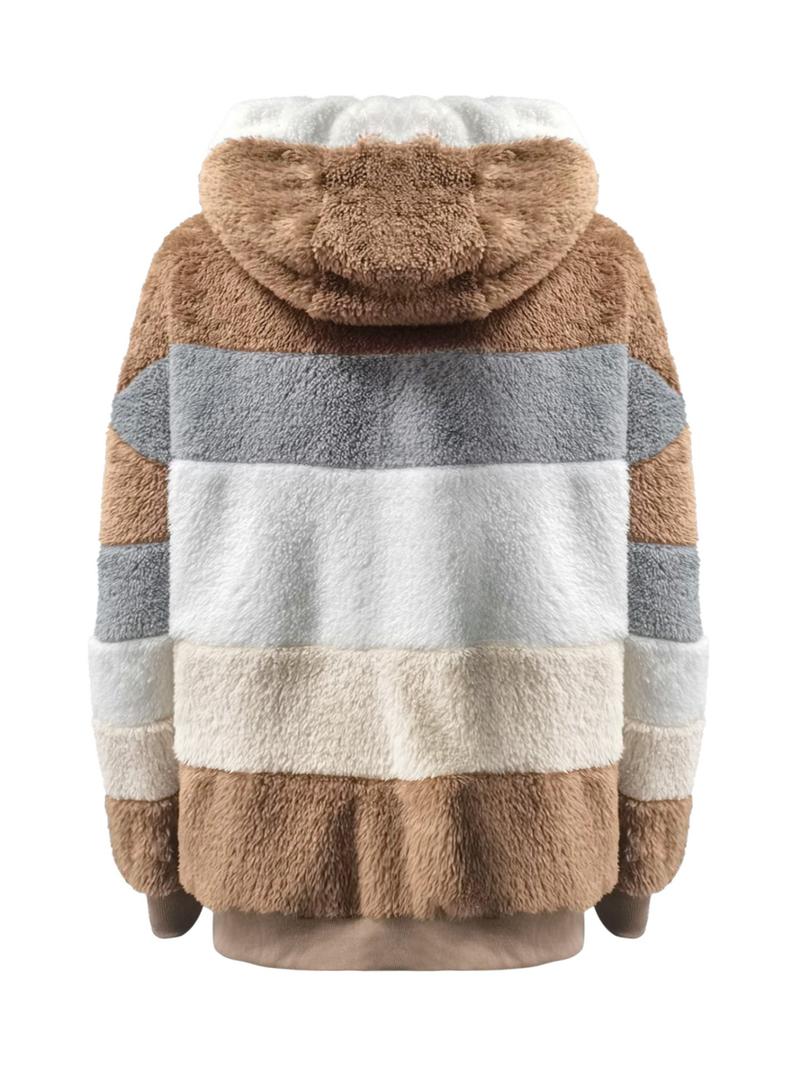 Women's Colorblock Drop Shoulder Hooded Polar Fleece Coat, Fashion Casual Long Sleeve Zip Up Warm Outerwear For Daily Outdoor Wear, Women's Clothing, Jackets