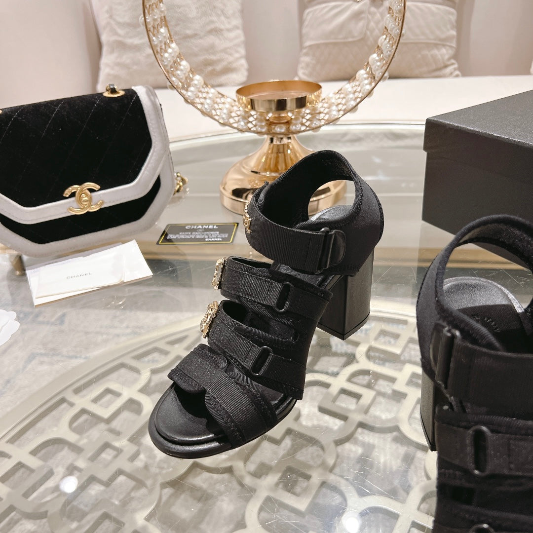 Double C Xiaoxiang Chain Fabric Head Chunky Heel Sandals Black Lambskin、mysite、Cacoeks