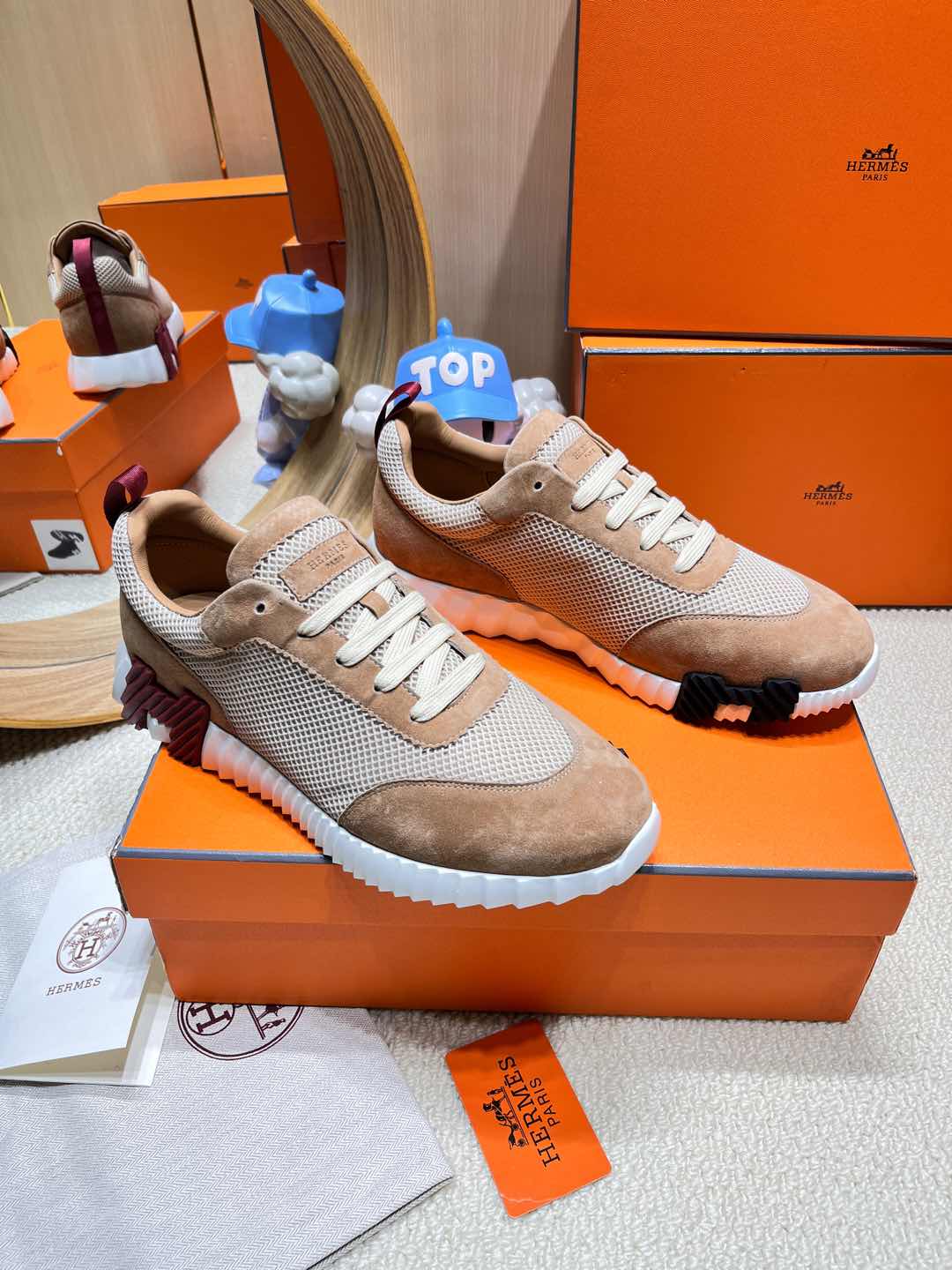 BOUNCING SNEAKER IN PEANUT BROWN SUEDE AND WHITE KNIT、mysite、Cacoeks