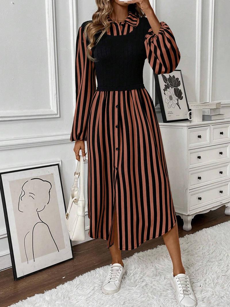 Women's Long Sleeve Striped Button Front Shirt Dress, Layered Design, Casual Spring & Fall Fashion, Elegant Women's Clothing