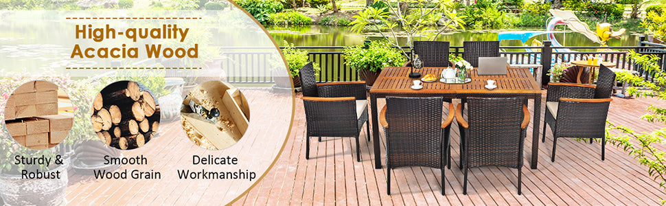 7 Piece Rattan Patio Dining Set with Acacia Wood Table & Stackable Wicker Chairs