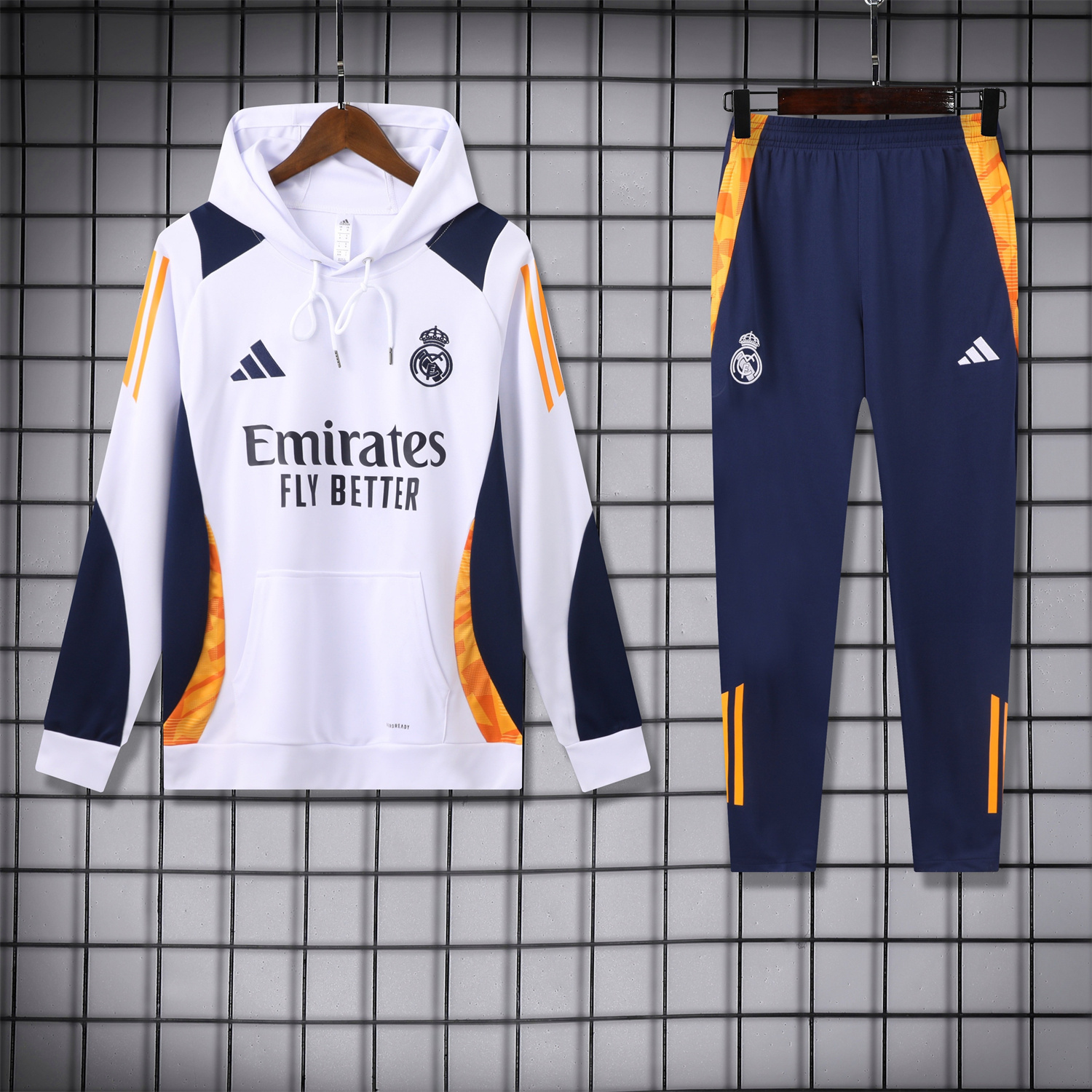 ManixJersey.com | Real Madrid 24-25 Training Hoodie Set - White Hoodie and Deep Blue Pants -Customize Name, Number and Patch | Worldwide Shipping