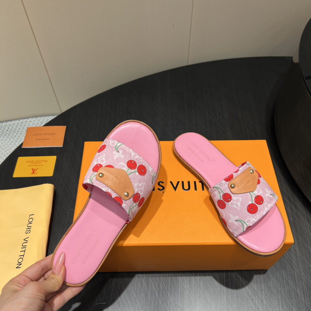 LV SLIDE SANDALS 25S IN PINK DENIM AND CALFSKIN WITH LOGO PRINT、mysite、Cacoeks