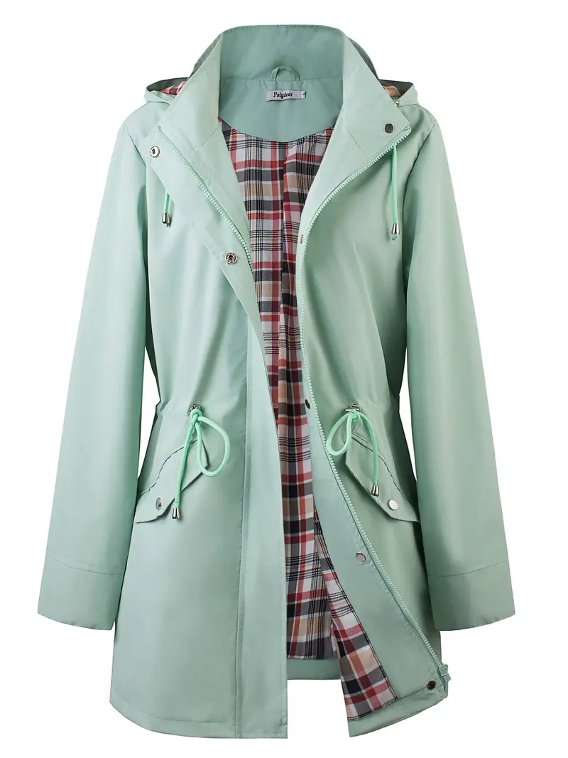 womens beige hooded zip up trench coat with drawstring waist multiple pockets casual long sleeve jacket for fall winter machine washable Product details 20