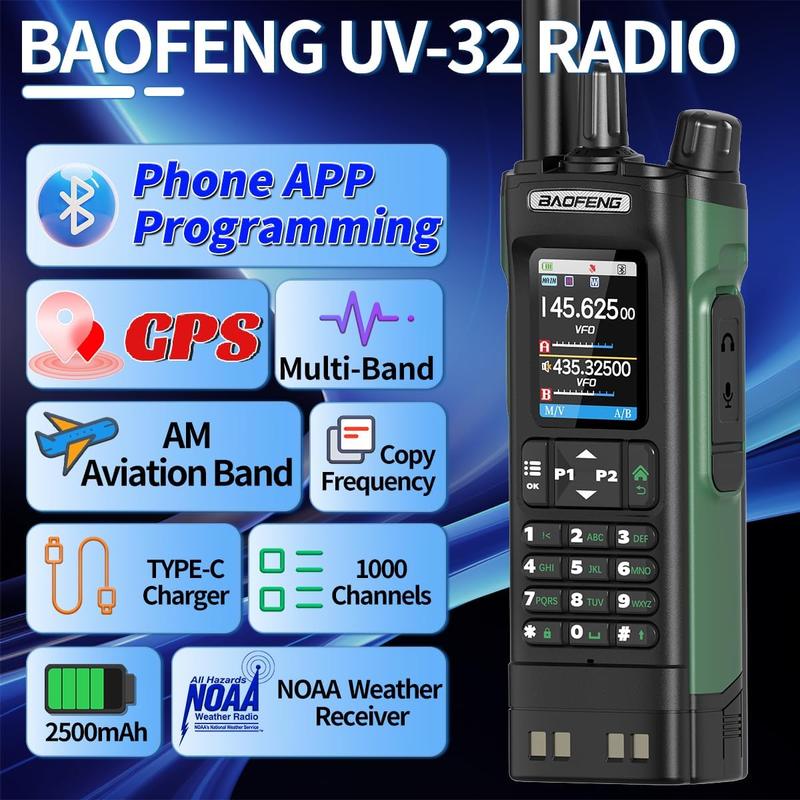 Product Introduction of 2PCS BAOFENG UV-32 Walkie Talkie 10W Long Range Rechargeable NOAA Weather Receiver 5RM K5 PLUS Tactical Two Way Radio with GPS,USB-C Charging for Hunting Camping Survival Gear 8