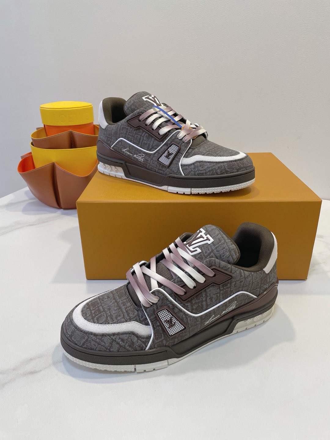 TRAINER SNEAKER IN WOOD BROWN MONOGRAM DENIM FABRIC、mysite、Cacoeks