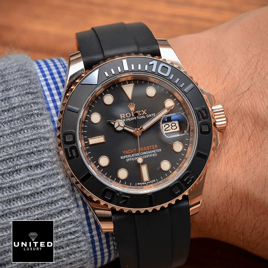 Rolex Yacht-Master 40 116655 SATS Rose Gold Automatic Rubber Black Dial Replica 8 Rolex Yacht Master II Black Rubber & Black Dial Replica on the wrist