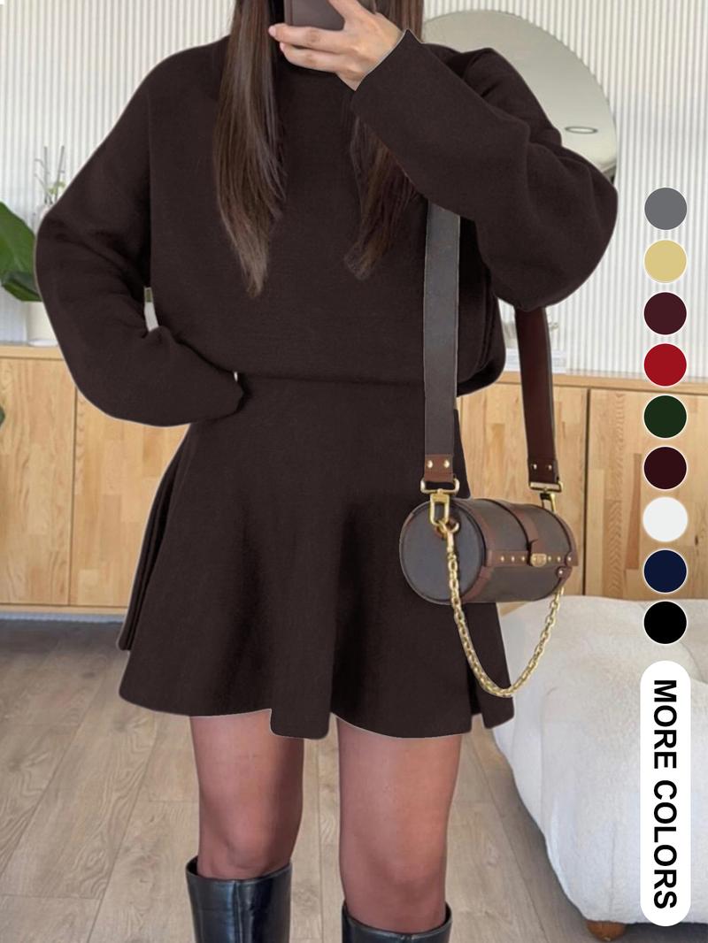 Women's Casual Half-High Neck Long Sleeve Knit Dress, Plain Color Loose-Fitting Sweater Dress, Fall & Winter Fashion