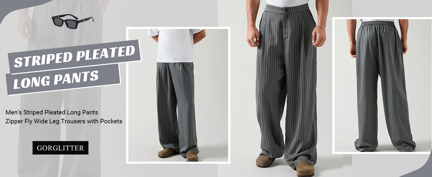 GORGLITTER Men&#39;s Striped Pleated Long Pants Zipper Fly Wide Leg Trousers with Pockets