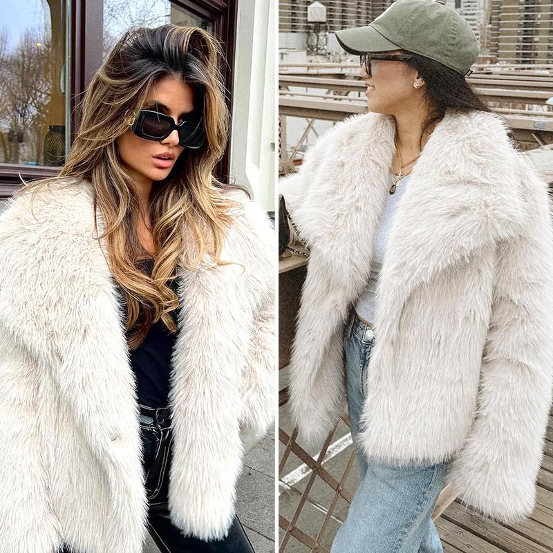 Buenoble Women's Brown Faux Fur Coat Winter Fluffy Short Jacket Warm Fuzzy Oversized Outwear Top Shaggy Collar Full Lining Short Jacket with Side Pockets