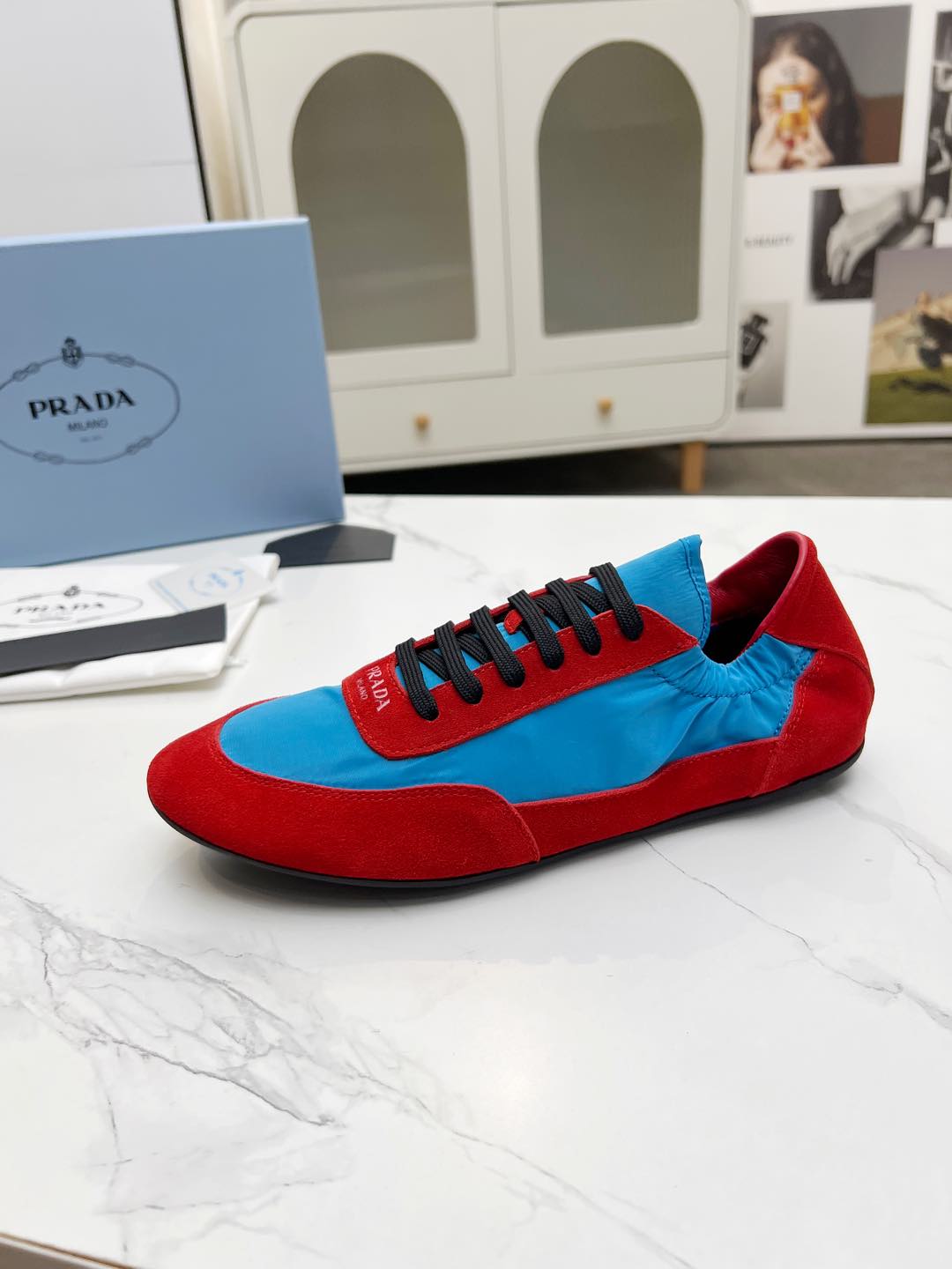 COLLAPSE SNEAKERS IN RED SUEDE AND SKY BLUE NYLON、mysite、Cacoeks