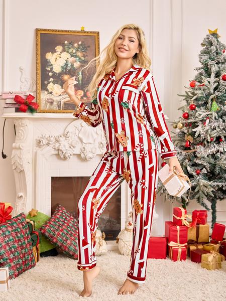 Women's Snowflake Cane Christmas Print Pajama Set, Long Sleeve Sleepwear, Comfortable Nightwear, All Seasons, Perfect Gift