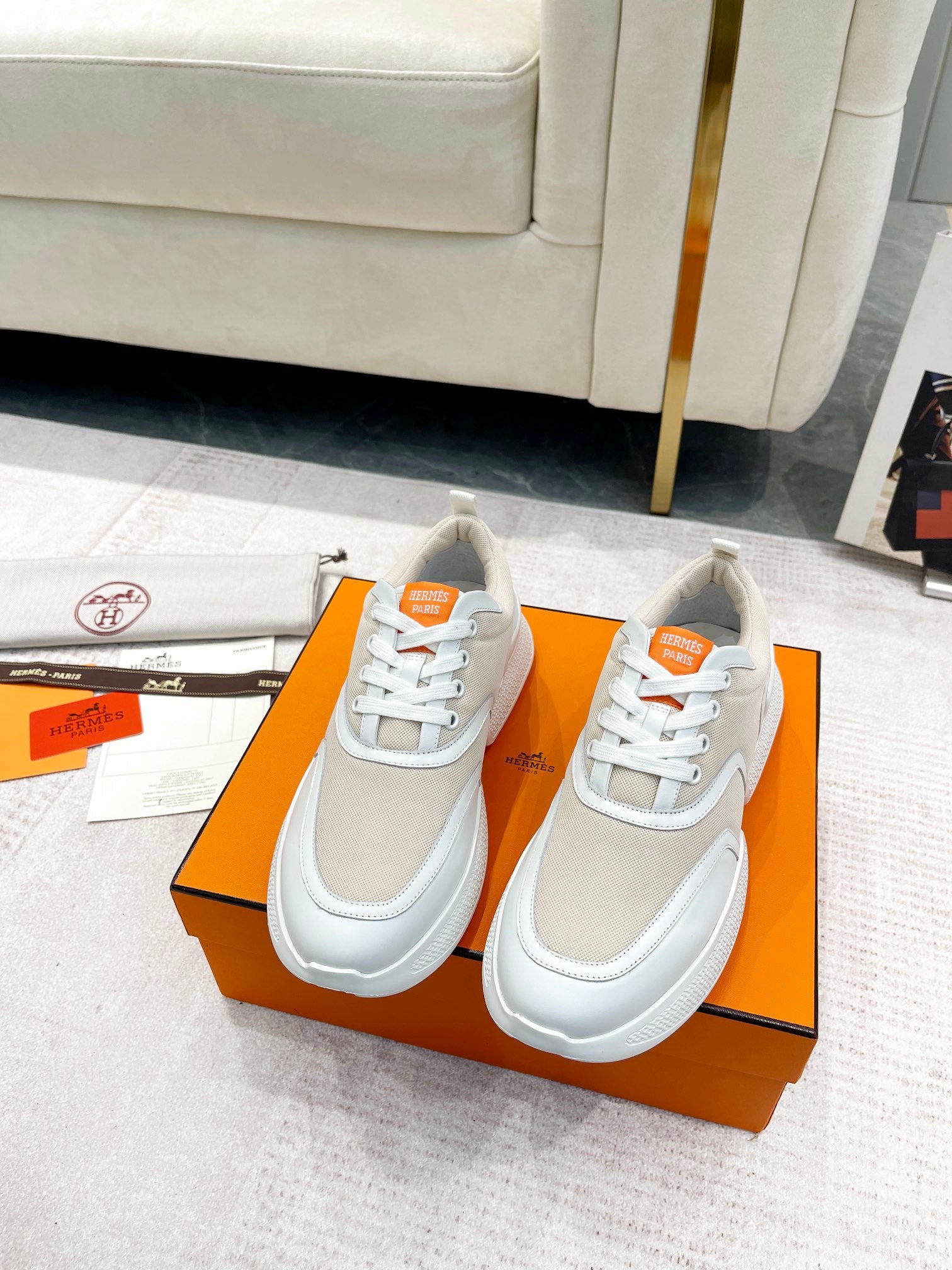 GIGA SNEAKER IN TAN BROWN STITCHED MESH AND WHITE CALFSKIN、mysite、Cacoeks