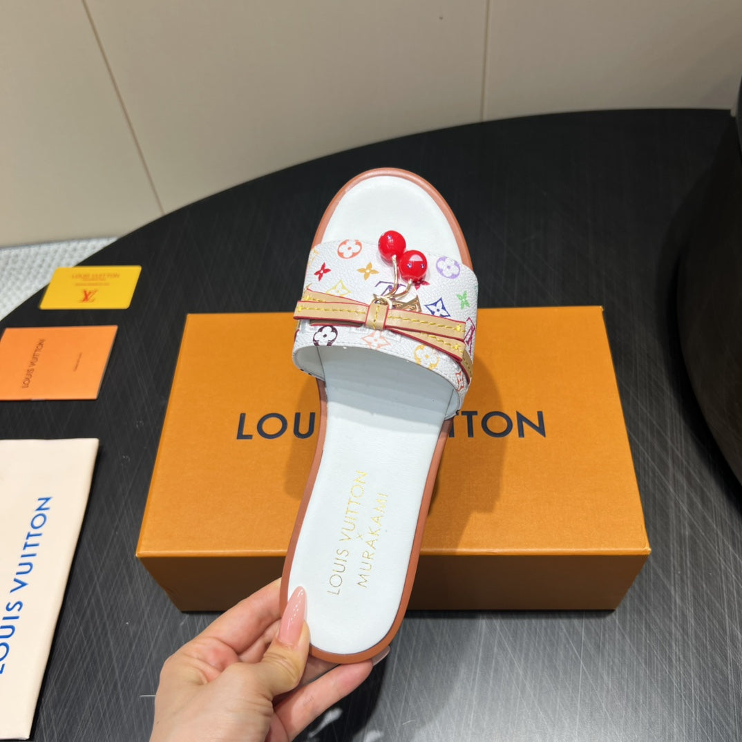 LV SLIDE SANDALS LOGO PRINT 25S IN WHITE CALFSKIN WITH CHERRY BLOSSOM BUCKLE、mysite、Cacoeks