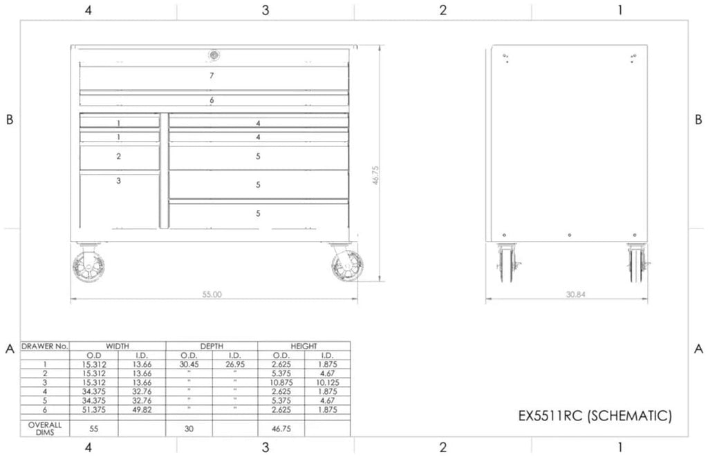 Schematic Drawing Of The EX5511RC Tool Chest Detailing Its Dimensions Drawer Configuration And Specifications For Each Drawer
