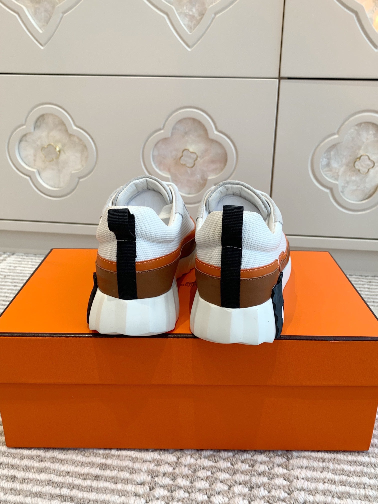 BOUNCING SNEAKER IN WHITE GRAPHIC MESH AND BRONZE BROWN CALFSKIN、mysite、Cacoeks