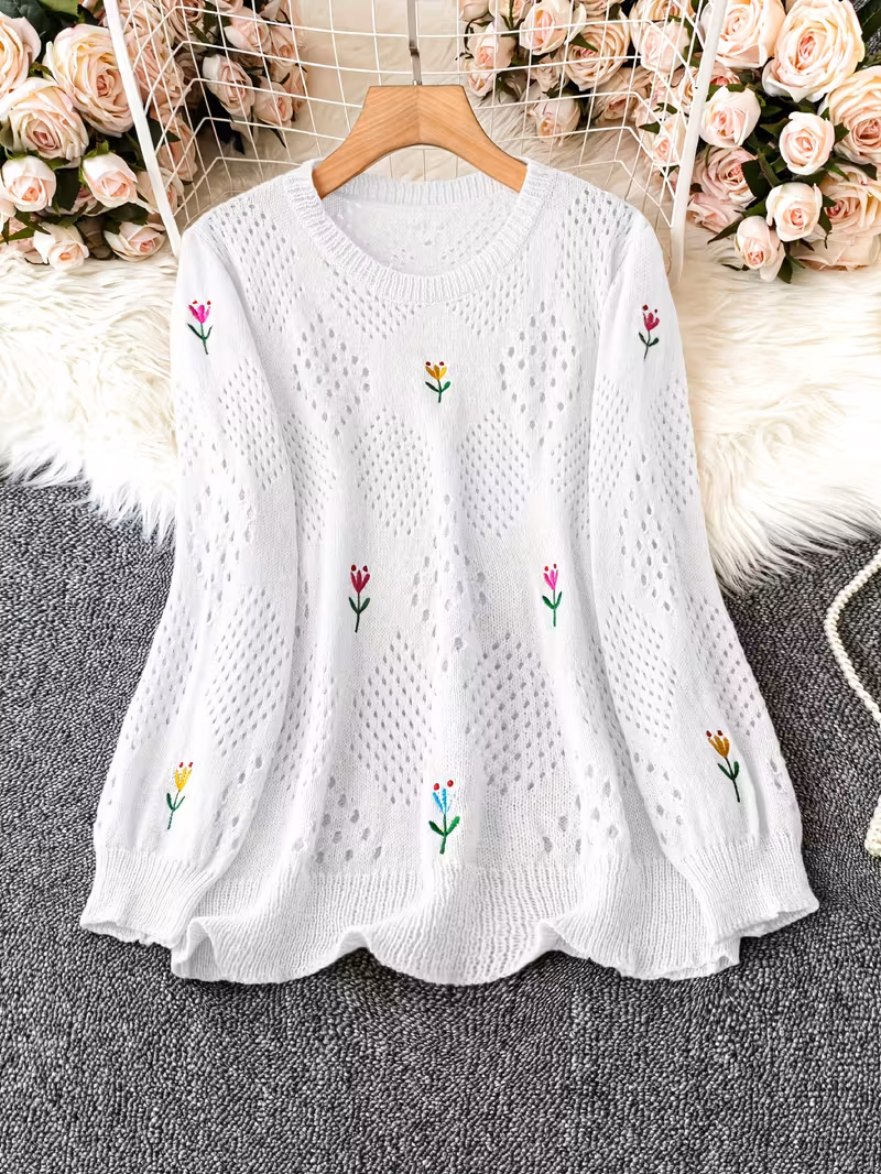 plus size floral embroidery sweater casual cut out long sleeve crew neck sweater for spring womens plus size clothing Product details 5