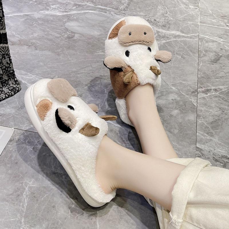 Cozy Cotton Cow Slippers for Women - Cute Animal Bedroom Shoes Winter Indoor Outdoor Slippers for Women