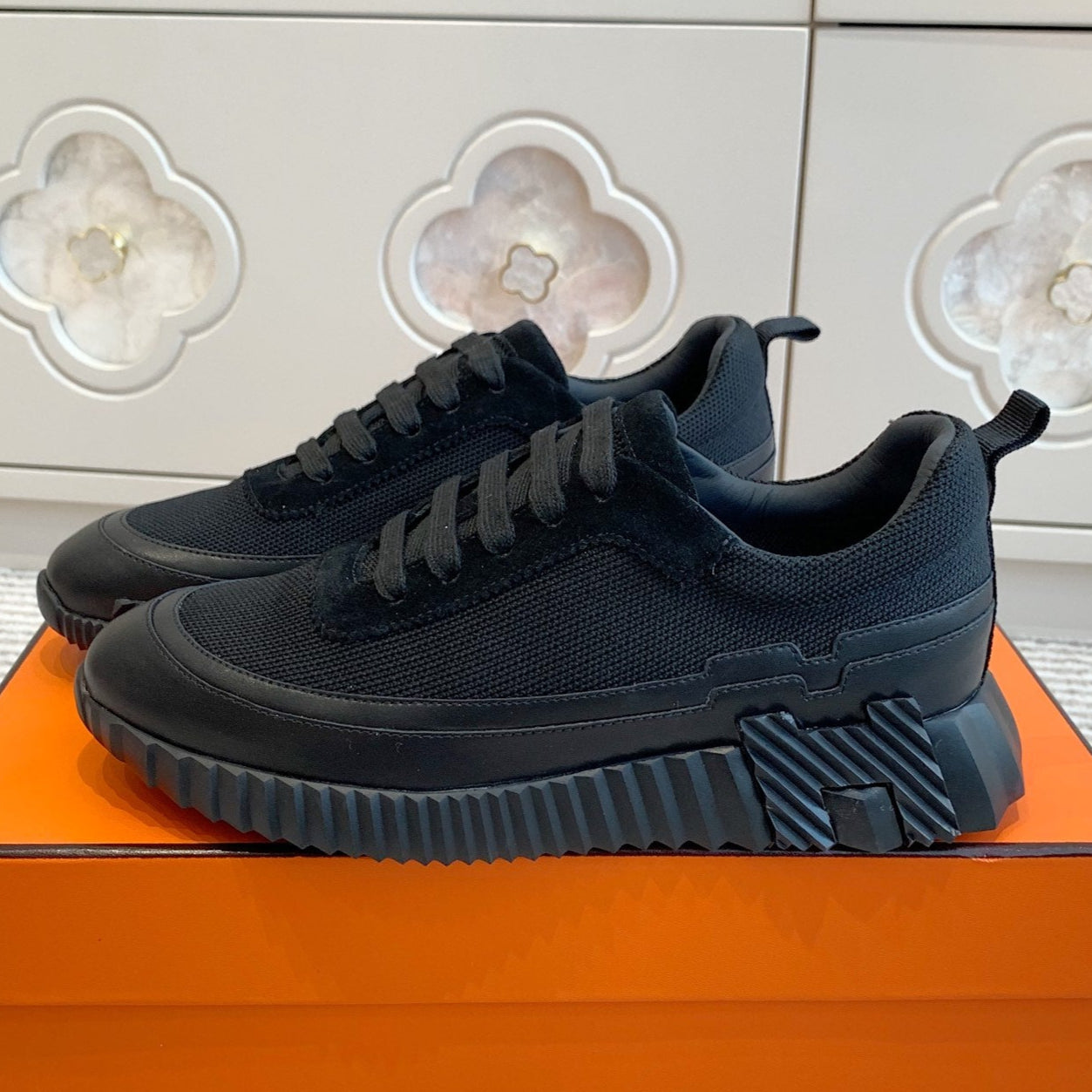 BOUNCING SNEAKER IN BLACK GRAPHIC MESH AND CALFSKIN、mysite、Cacoeks