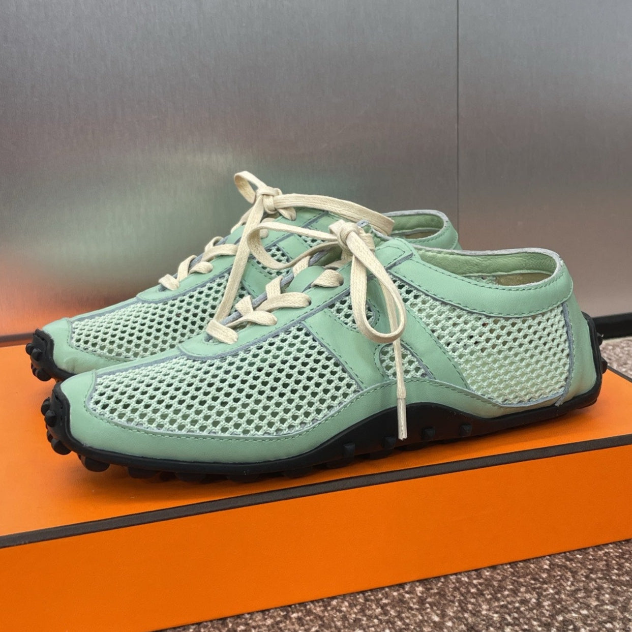 KIGA SNEAKER IN GREEN MINT CROCHET KNIT AND CALFSKIN、mysite、Cacoeks