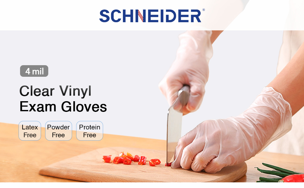 Schneider VMFC20 Clear Disposable Vinyl Exam Gloves are latex-free, powder-free, and protein-free.