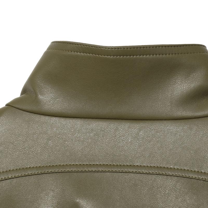 Women's Olive Green Faux Leather Bomber Moto Jacket with Stand Collar and Flap Pockets, Short Layered Streetwear Outerwear