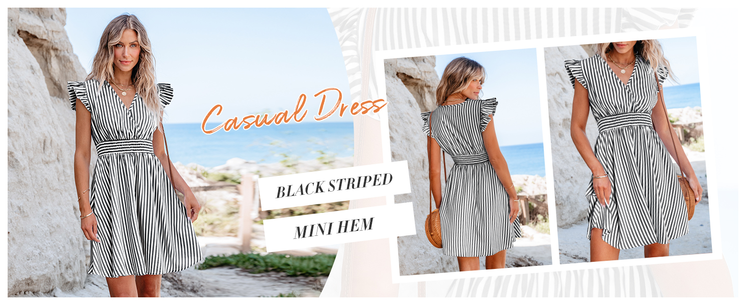 black striped short flutter sleeve dress