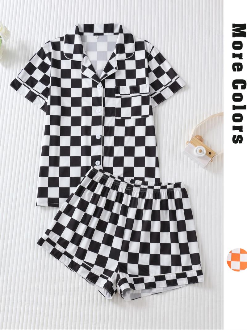 Women's Checkerboard Print Lapel Neck Pajama, Casual Comfy Short Sleeve Button Front Chest Pocket Design Top & Elastic Waist Shorts PJ Set, Ladies Summer Sleepwear
