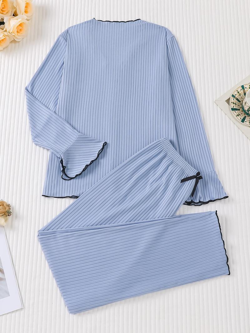 Women's Long Sleeve Top & Pants Pajama Set, Casual Comfy Bow Top & Trousers Pajama Set, Ladies Sleepwear for All Seasons