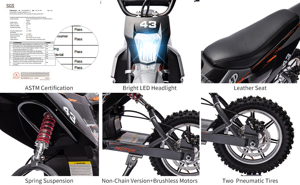 36V Kids Electric Dirt Bike, 350W, 15.5MPH, LED, 175lbs Max