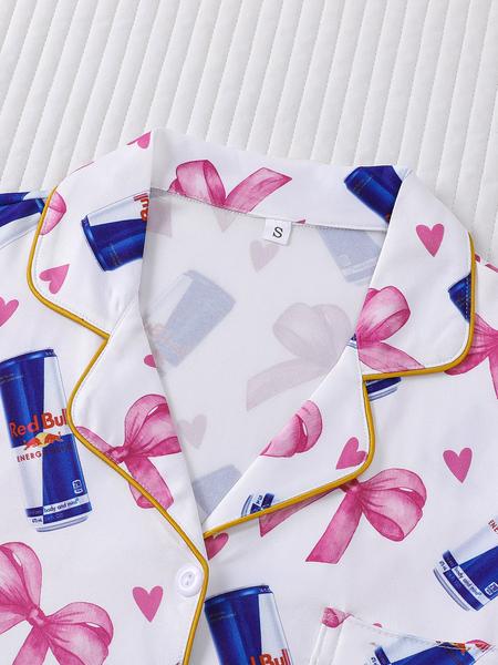 2-piece women's set with bow and heart design, long sleeve top, long pants with small pockets, comfortable, soft, skin-friendly, smooth fabric, elastic waistband, suitable for all seasons, casual loungewear, pajamas.