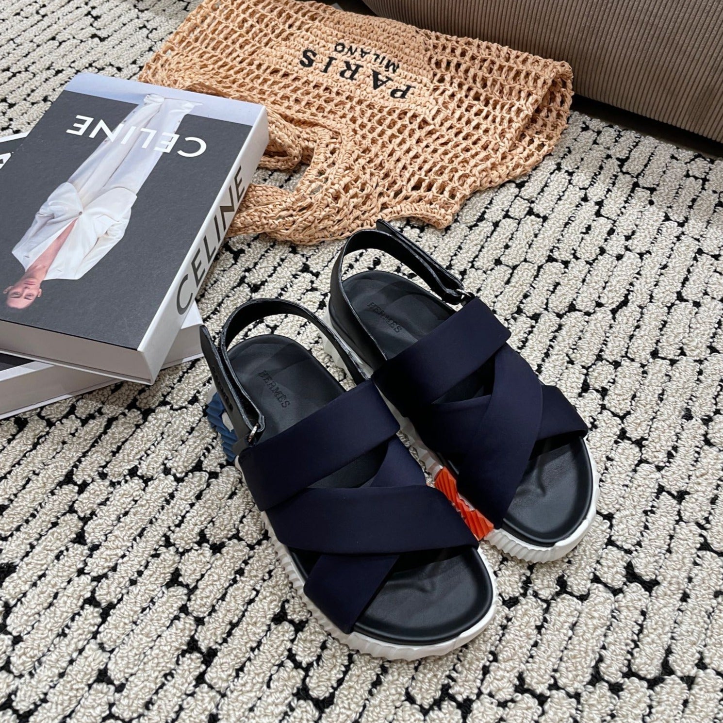 ELECTRIC SANDAL BLACK MIX CHARCOAL BLACK CALFSKIN、mysite、Cacoeks