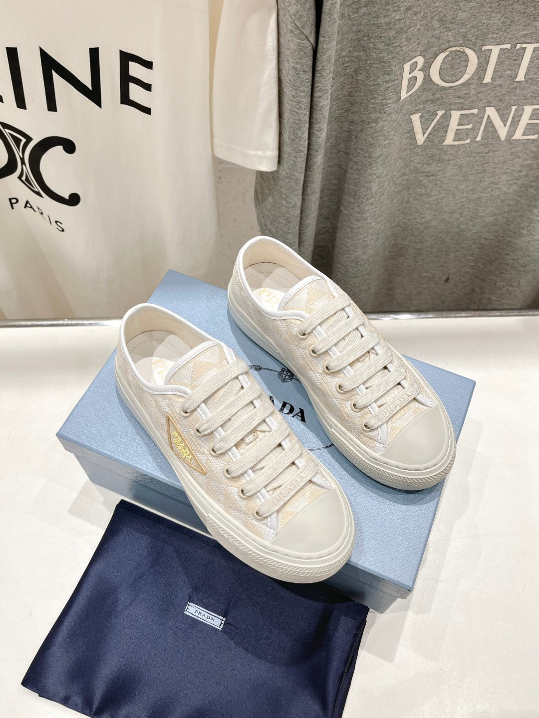 PRA PRINTED COTTON SNEAKERS WHITE AND BEIGE CANVAS、mysite、Cacoeks