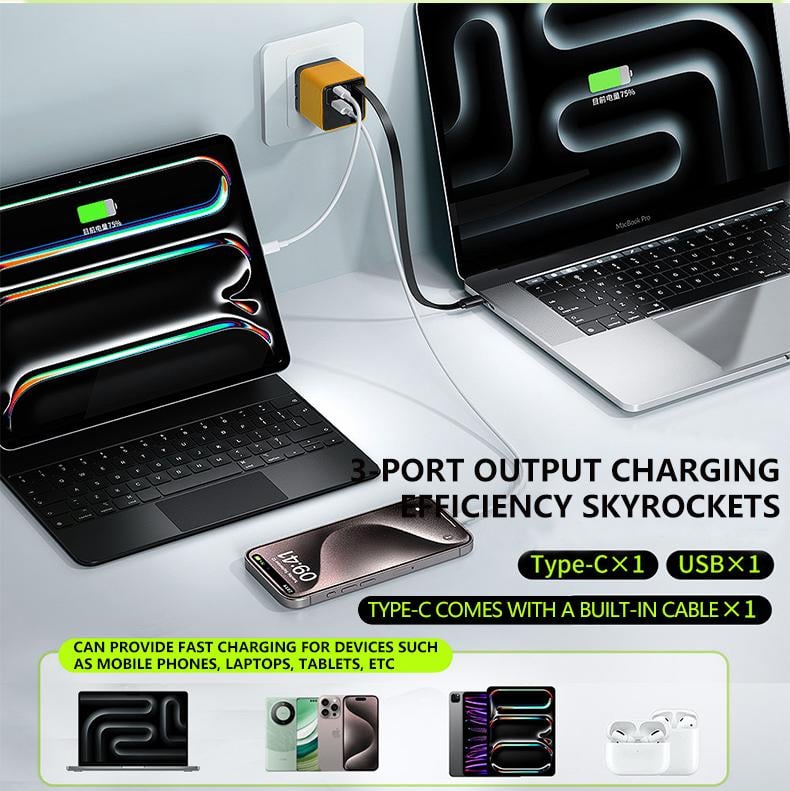 Product Introduction of TOBRBE 3 in 1 GaN Charger, Retractable 80W MAX Fast Charger Block with Type-C Cable & 2 USB Ports, Portable Adapter iPhone Smartphone Electronic, Yellow, Cellphone, Folding Charging 3