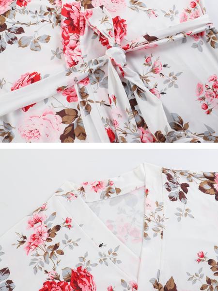 【Plus Size】 Three-Piece Set Floral Print Belted Lounge Robe & Cami Top & Elastic Waist Pants Pyjama Set, Elegant Comfy Drop Shoulder Long Sleeve Robe & Sleeveless Top & Bow Decor Trousers PJ Set, Women's Sleepwear for Spring & Fall, Pajamas