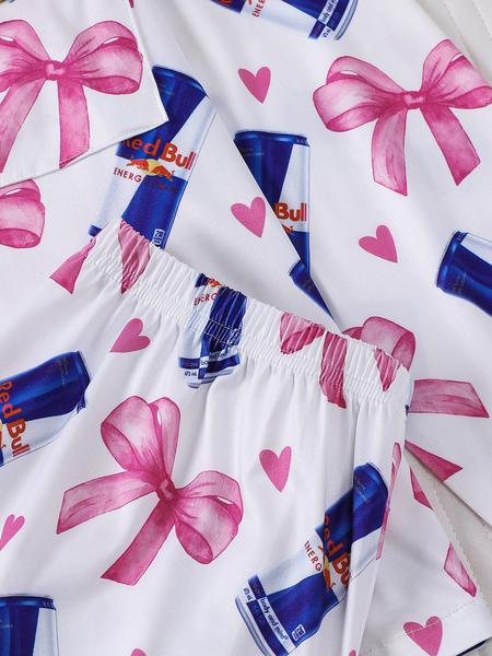 2-piece women's set with bow and heart design, long sleeve top, long pants with small pockets, comfortable, soft, skin-friendly, smooth fabric, elastic waistband, suitable for all seasons, casual loungewear, pajamas.