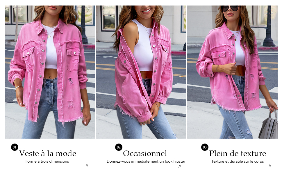 Pink denim jacket with frayed edges, worn over white crop top and jeans. Multiple views show buttoned front, pockets, and oversized fit.