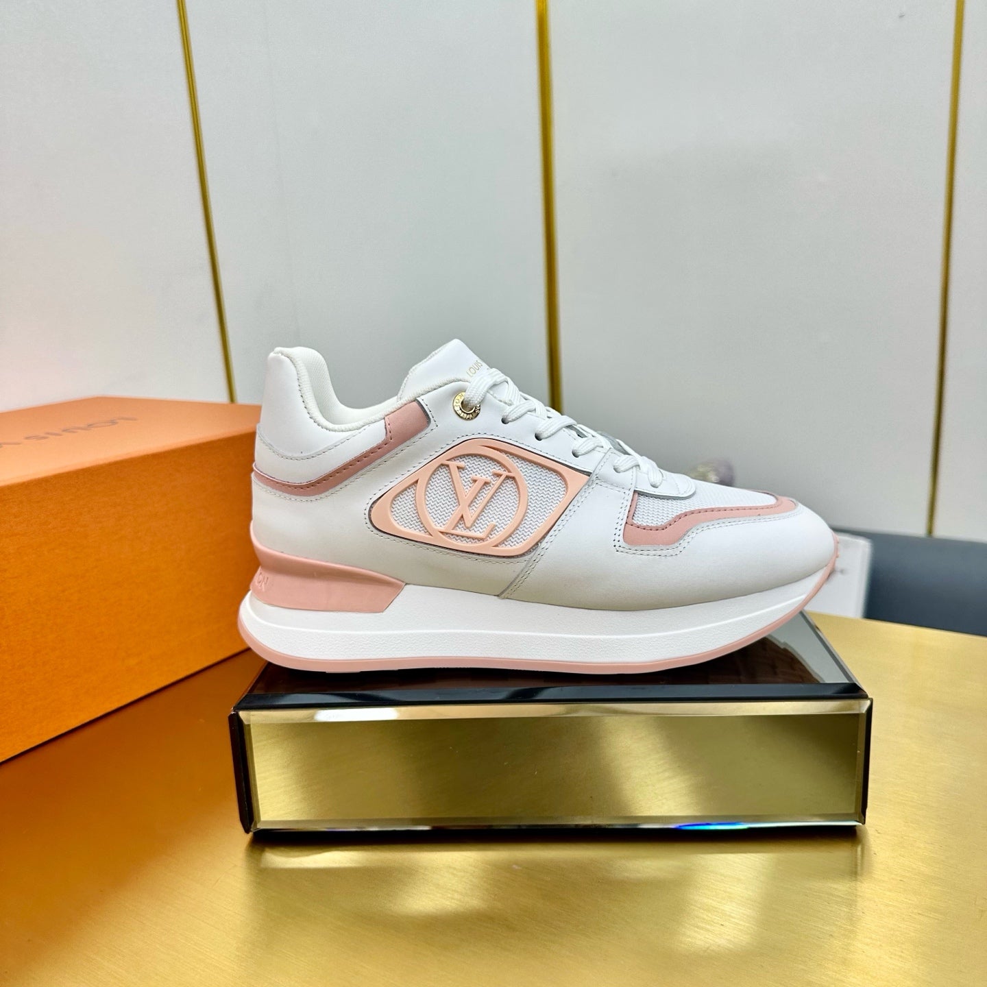 NEO RUN AWAY SNEAKER IN WHITE MIX PEACH PINK CALFSKIN、mysite、Cacoeks