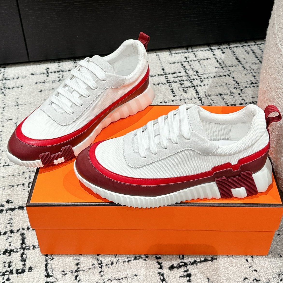 BOUNCING SNEAKER IN WINE RED CALFSKIN AND WHITE FABRIC、mysite、Cacoeks