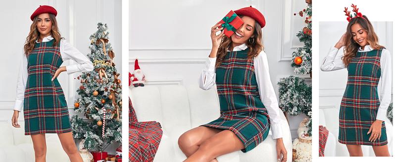 Imily Bela Women's Plaid Christmas Dress Mini Sleeveless Round Neck A Line Short Xmas Party Dresses