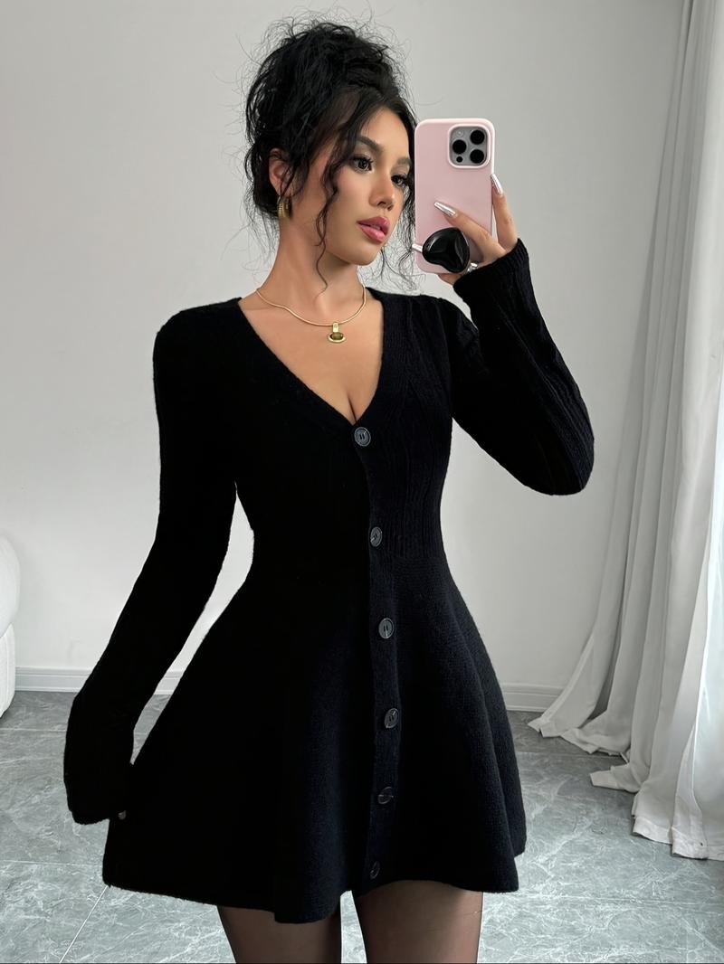 Women’s New V Neck Knitted Dress with Button Details, Long Sleeve Short Waist A-Line Skirt for Casual and Stylish Looks