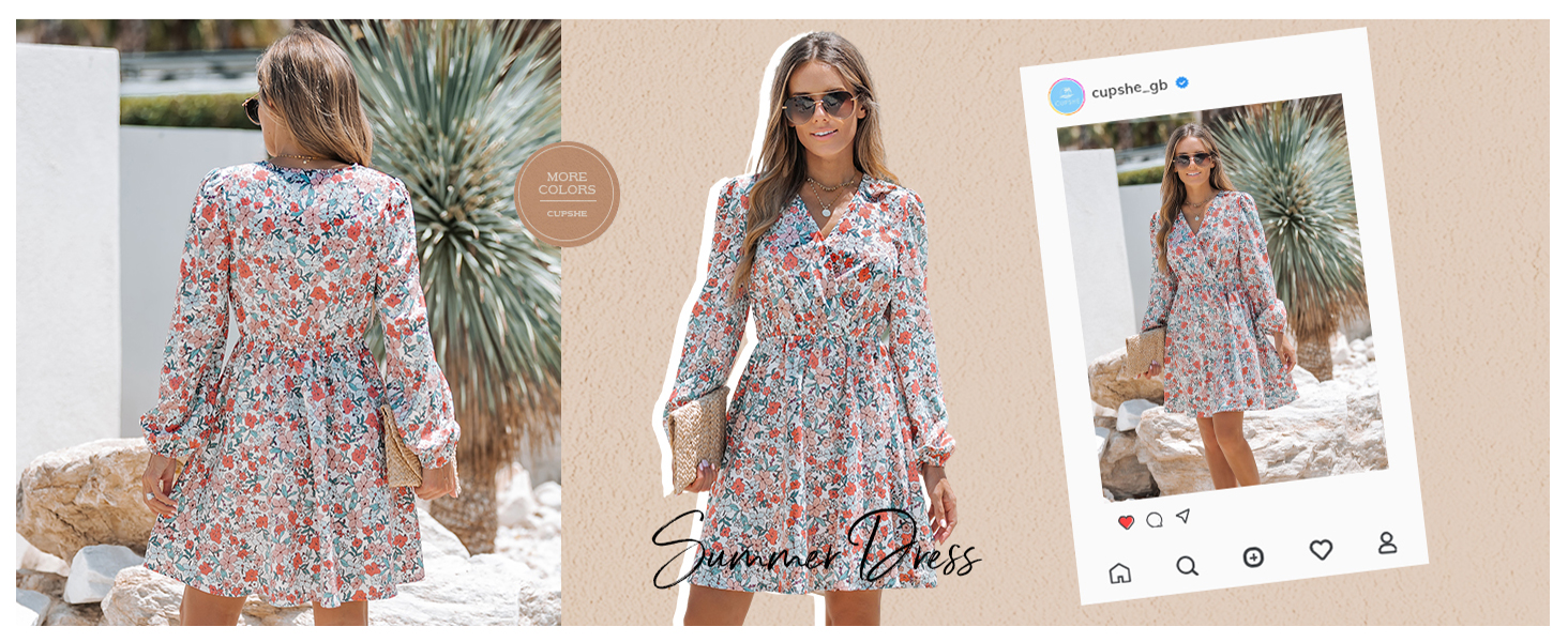 orange floral print v neck long sleeve women mini dress