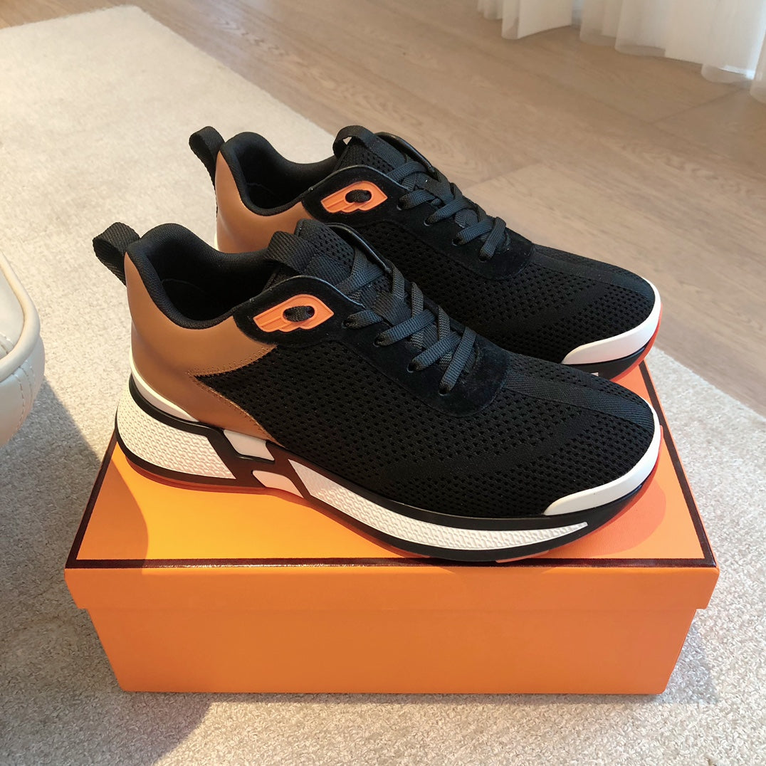 HEROS SNEAKER IN BLACK BREATHABLE MESH FABRIC AND BRONZE BROWN CALFSKIN、mysite、Cacoeks