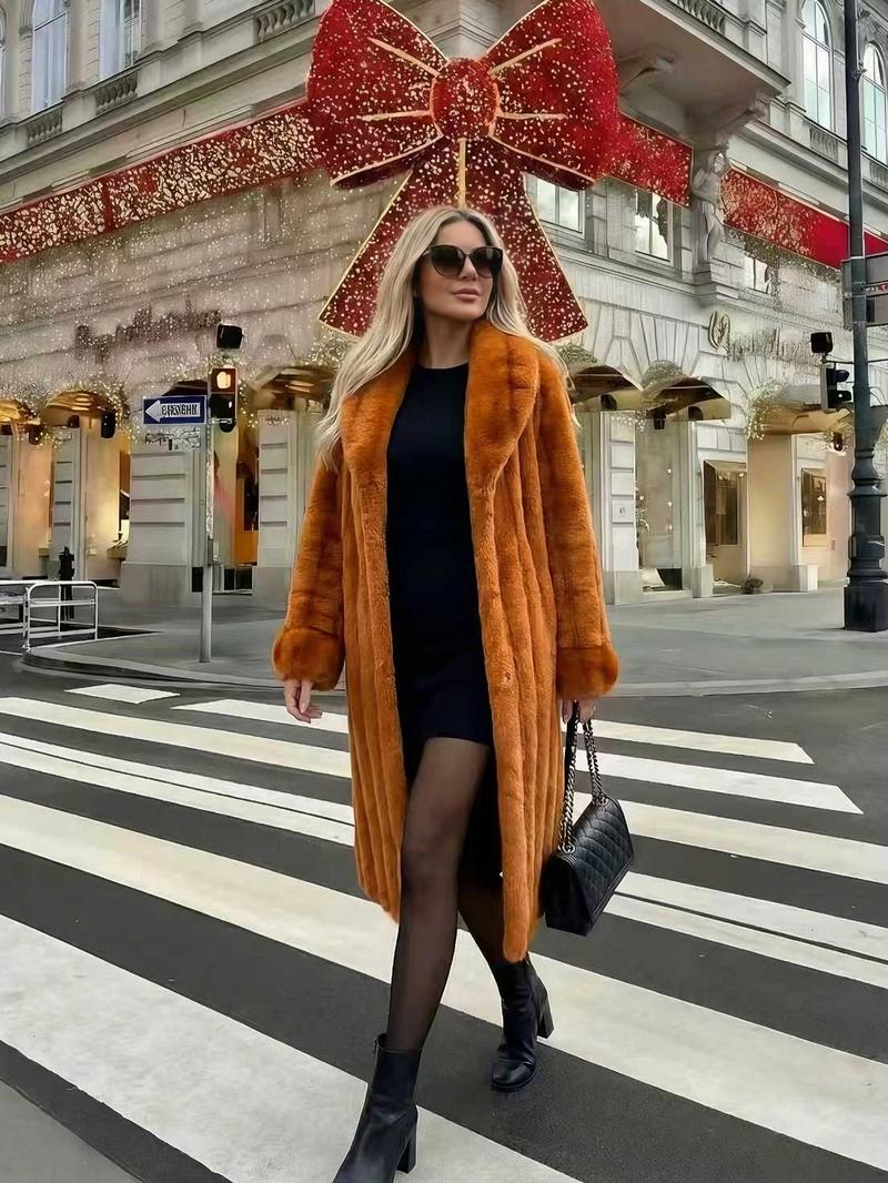 Women's Faux Fur Coat, Autumn Winter Fashionable Long Sleeve Jacket, Elegant Thick Retro Loose Fit Medium-Length Outerwear
